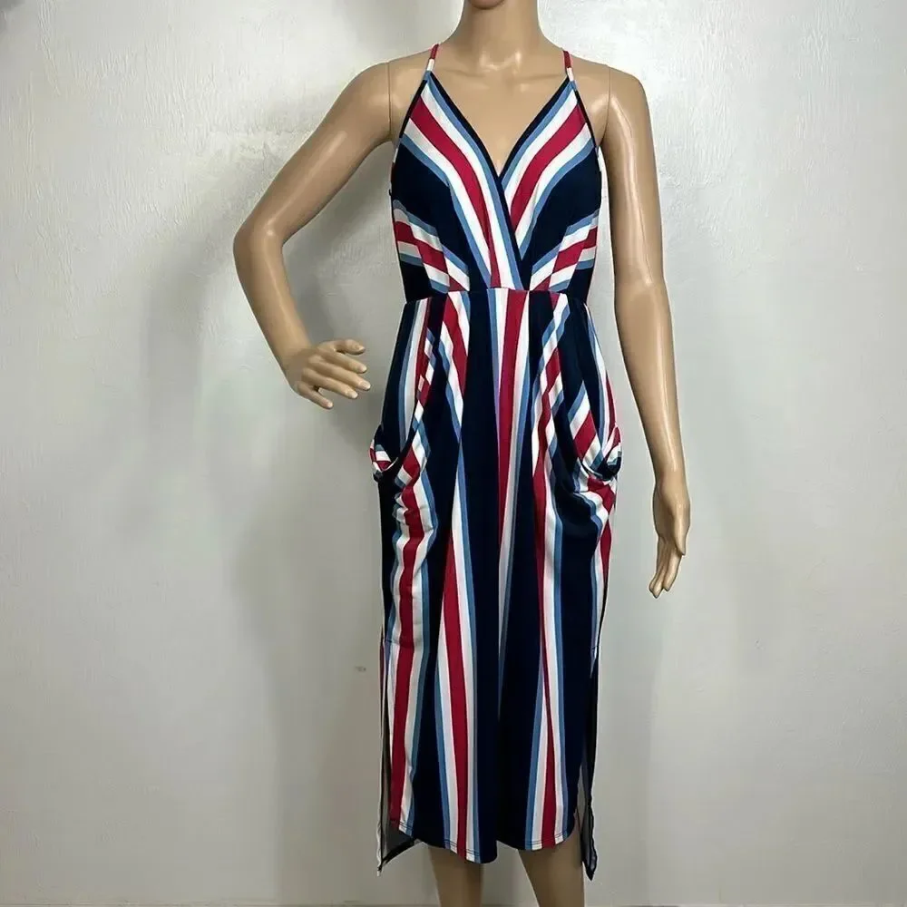 BCBGeneration Striped Sleeveless High-Low Midi Dress Size XS